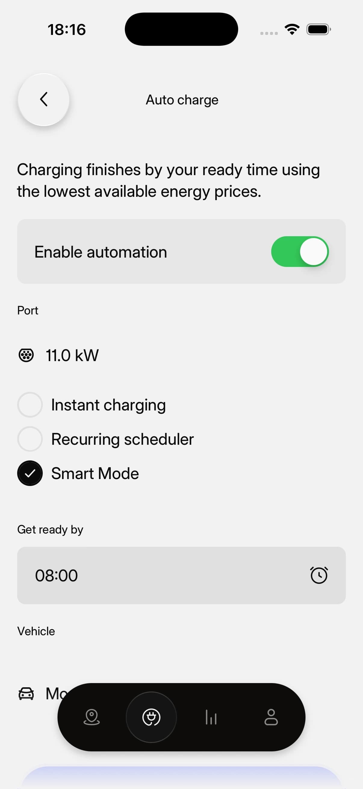 EVCharge.mobi mobile app showing Auto charge enabled with Smart Mode selected and an 08:00 ready-by time.