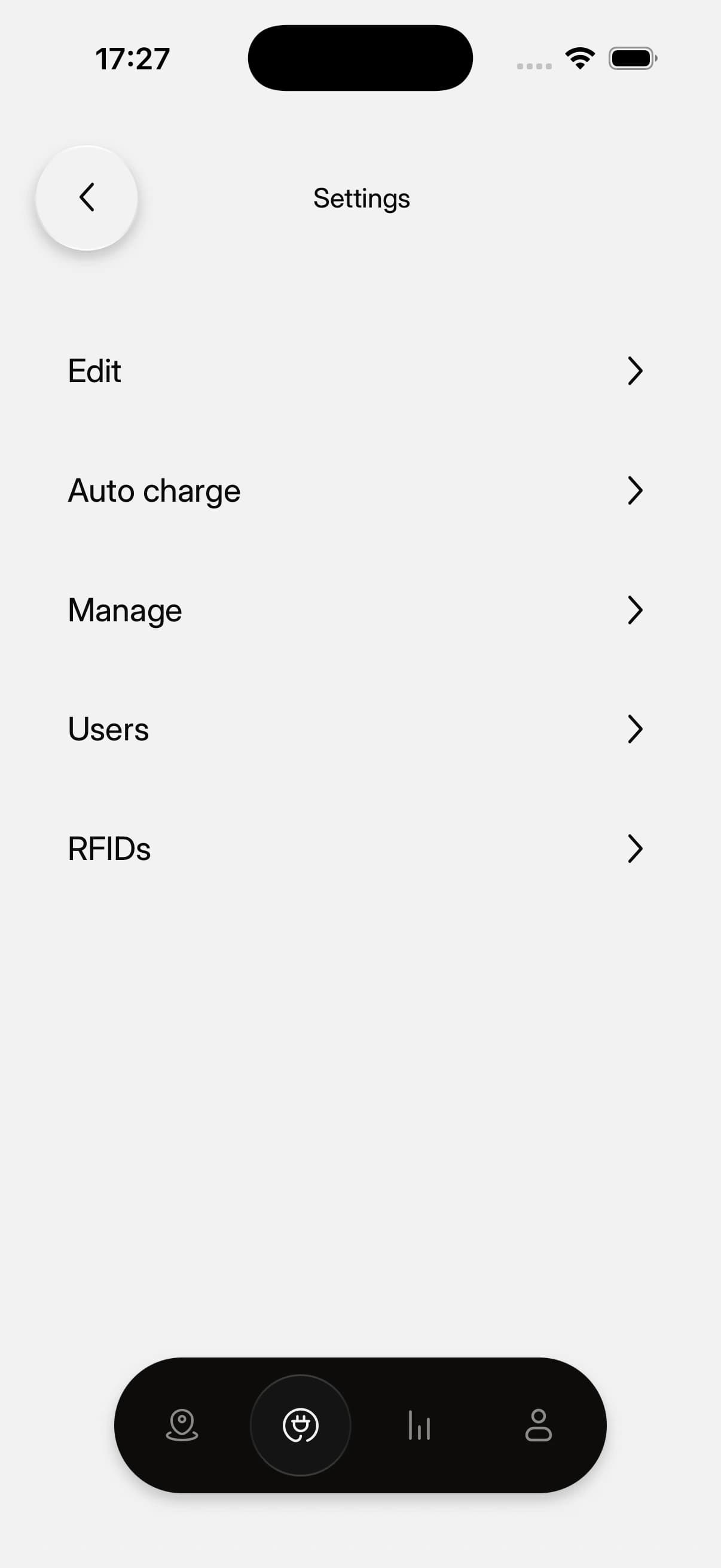 EVCharge.mobi mobile app showing owner charger settings with Auto charge, Manage, Users, and RFIDs options.