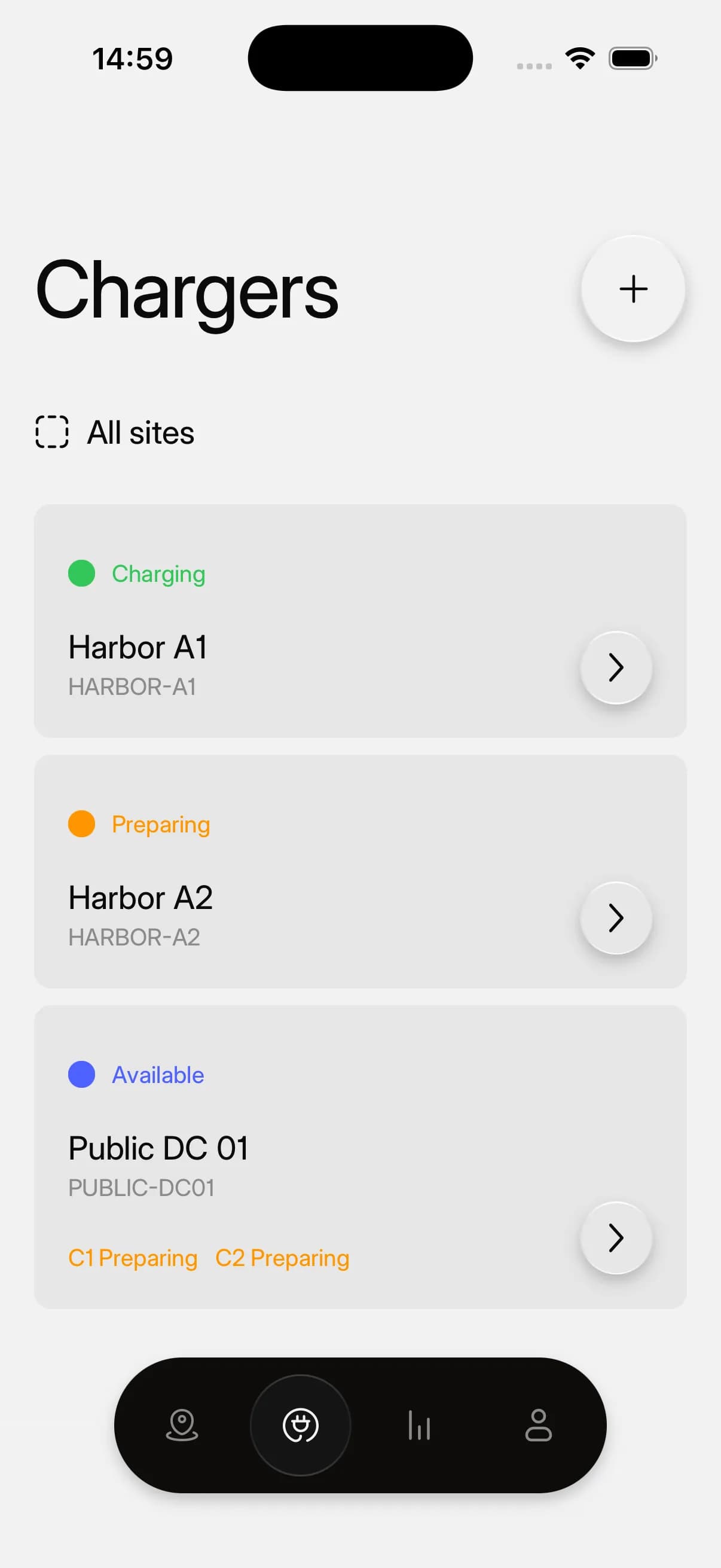 EVCharge.mobi mobile app showing assigned chargers, connector status, and charging history.