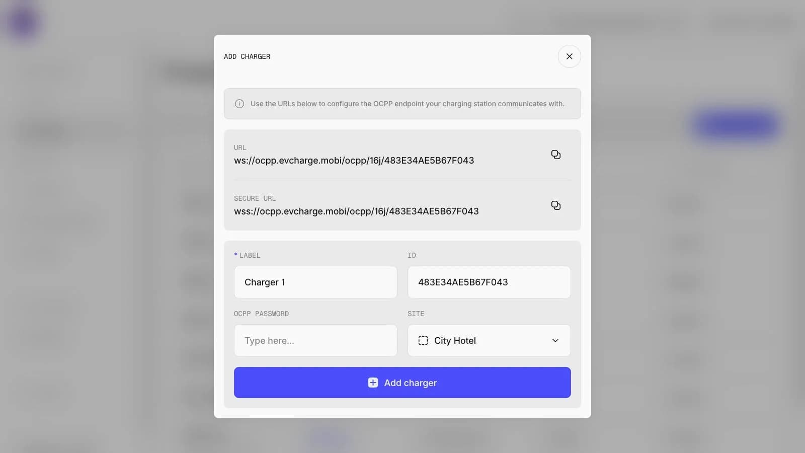 EVCharge.mobi CPO Portal Add charger modal showing OCPP endpoint URLs and charger setup fields.