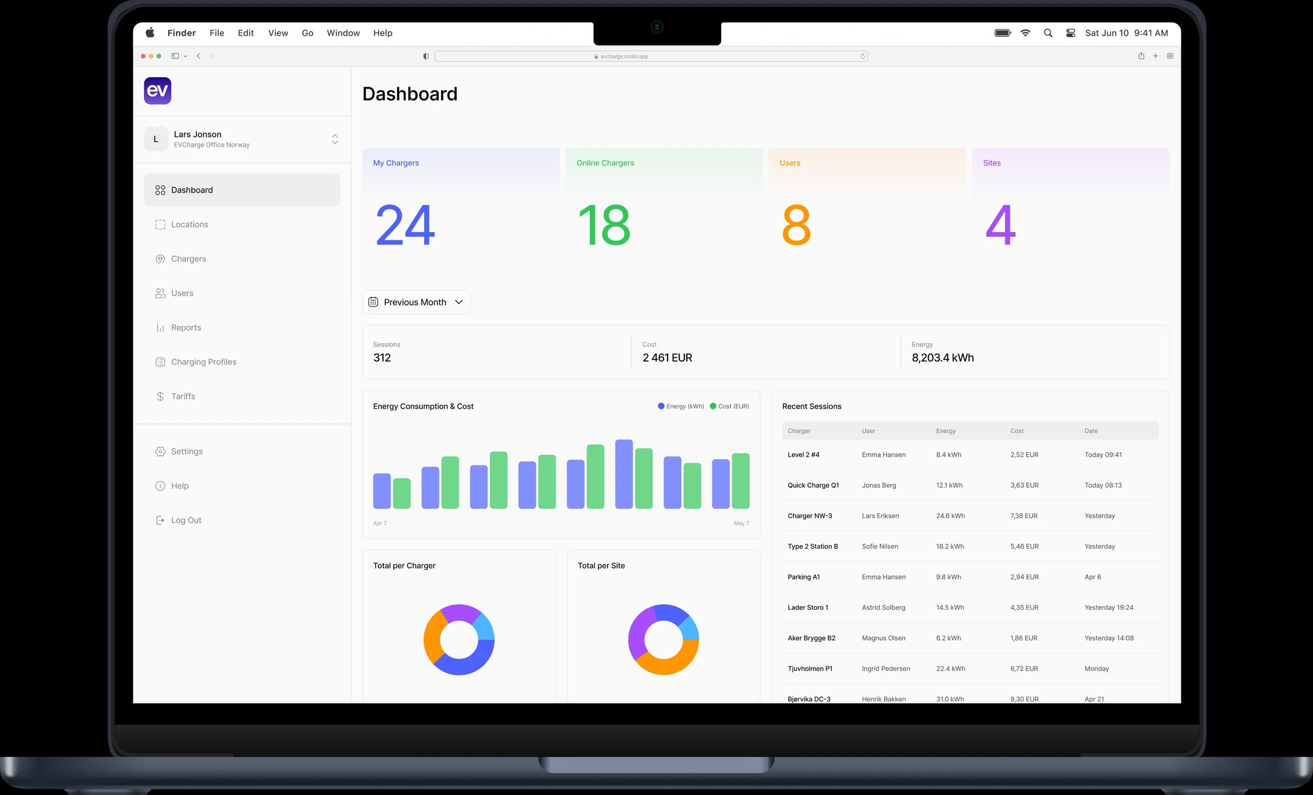 The EVCharge.mobi operator console showing chargers, sessions, cost and consumption for the last period