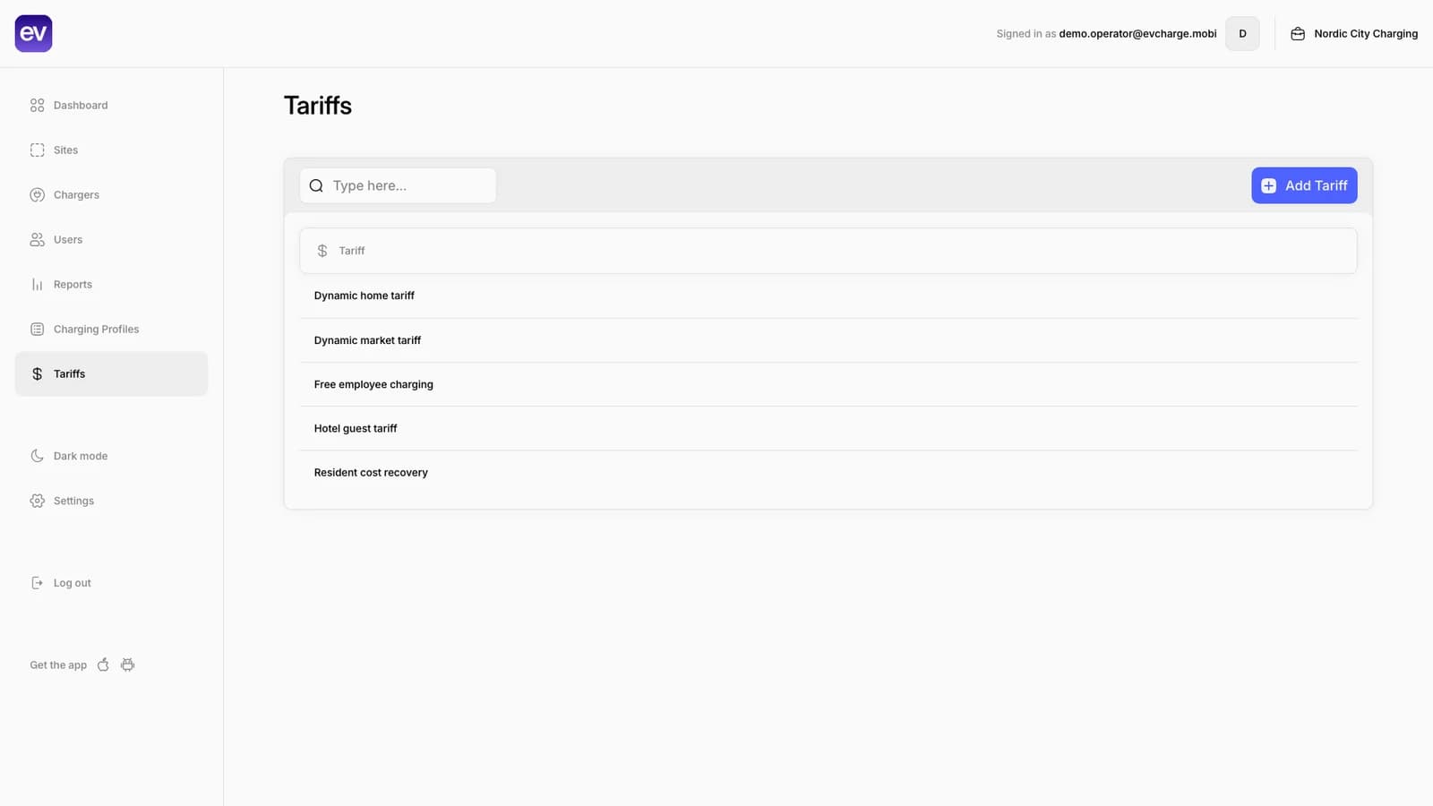 EVCharge.mobi Admin Portal showing fixed, free, hotel, resident, and dynamic tariff examples.